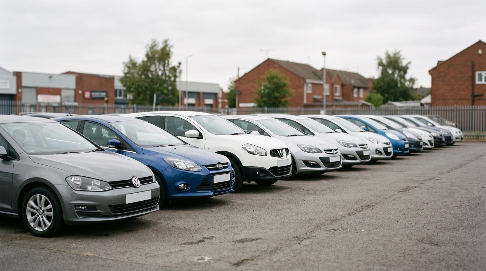 A row of used hatchbacks and small crossovers parked on a forecourt.